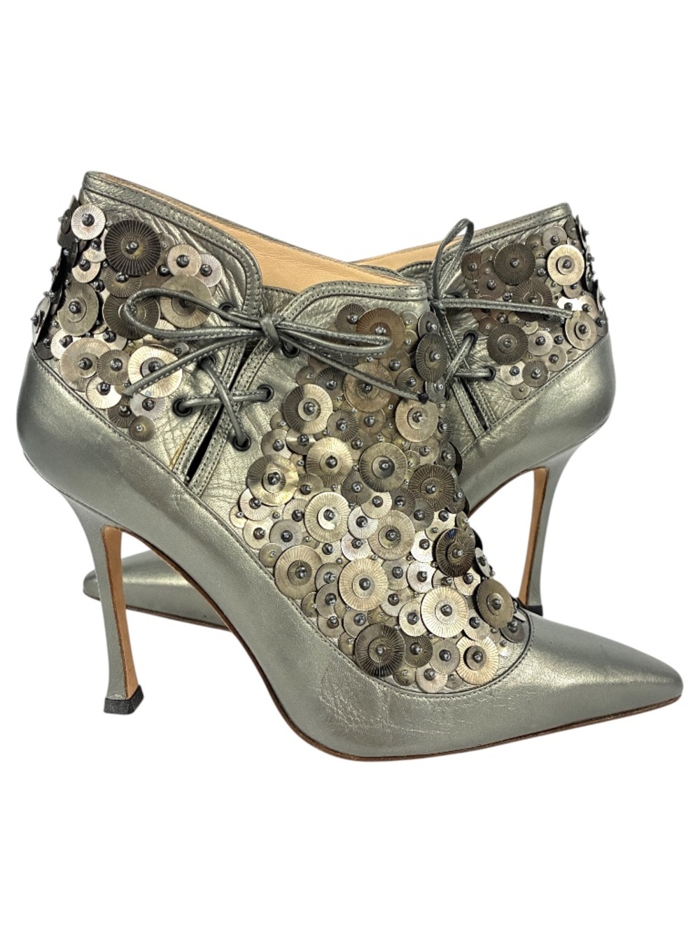Manolo Blahnik Pewter Embellished Boots 9.5 Ankle Disc Sequin Beaded Pointed Toe